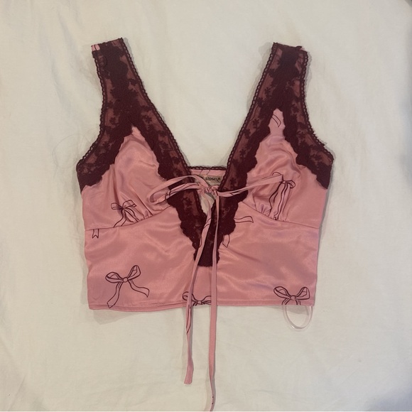 Bailey Rose Tops - Pink Satin Lace-Trim Cropped Cami